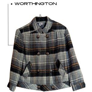 Worthington Gray Brown Plaid Double‑Breasted Peacoat S – Classic Winter Coat